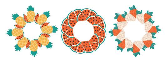 Pineapple Watermelon slices White and Red Strawberry Circular Frame borders Copy space Template Set. Isolated illustration Thematic or menu cards or web promo banner, leaflets, price tag, label vector