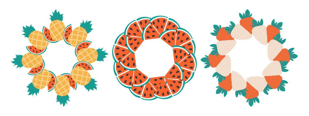 Pineapple Watermelon slices White and Red Strawberry Circular Frame borders Copy space Template Set. Isolated illustration Thematic or menu cards or web promo banner, leaflets, price tag, label