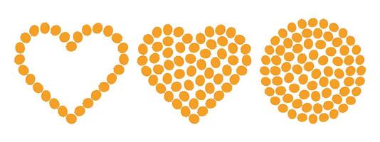 Apricots Heart shapes and Circle Frame border and Filled Backgrounds Copy space Template idea Set. Isolated illustration Thematic cards Frits poster or web promo banner, leaflets, price, labels vector