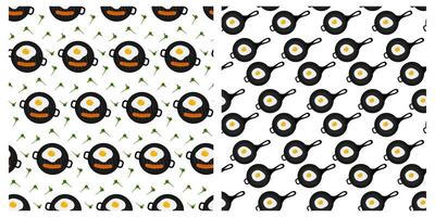Fried Egg with Yolk and Sausage in grill pan and Egg in Cast Iron Pan with handle Seamless Patterns. Set Isolated Background Wallpaper Recipe or menu cards, poster or web promo banner, leaflet vector