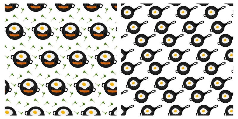 Fried Egg with Yolk and Sausage in grill pan and Egg in Cast Iron Pan with handle Seamless Patterns. Set Isolated Background Wallpaper Recipe or menu cards, poster or web promo banner, leaflet