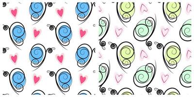 Abstract Butterflies and Decorative hearts Seamless Patterns Minimalistic Springtime Backgrounds Set. Isolated design Wallpaper Wrapping Thematic Cards or web promo banner, greeting, label, tag vector