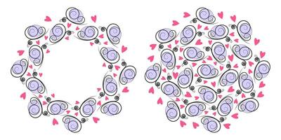 Freehand Butterflies and Abstract hearts Circle Frame border and Background Copy space Template Set. Isolated Design Thematic Cards Web promo banner, labels, price tag, leaflets, posters, print vector