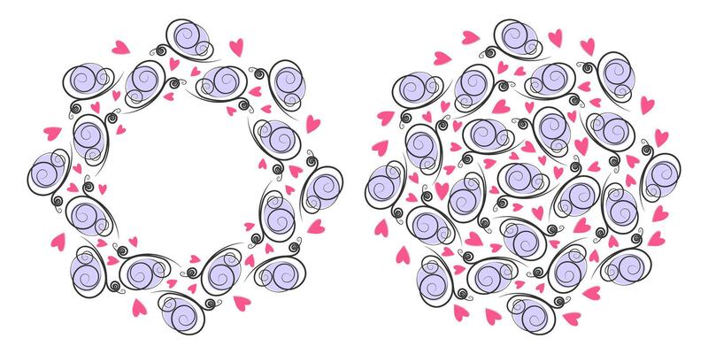 Freehand Butterflies and Abstract hearts Circle Frame border and Background Copy space Template Set. Isolated Design Thematic Cards Web promo banner, labels, price tag, leaflets, posters, print