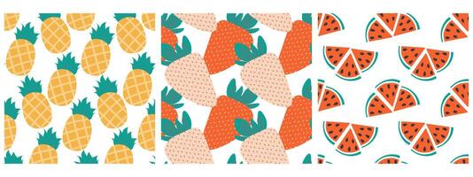 Whole Pineapple Strawberry Watermelon triangular Slices with seed Seamless Pattern Set Summer fond. Isolated illustration Wallpaper Thematic cards, web promo banner, leaflets, price tag, labels vector