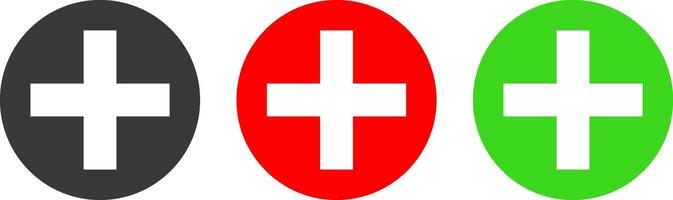 plus icon set. medical or pharmacy icon. red and green color. Plus minus and multiplying round button. add icon symbol vector