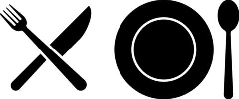 Set of fork, knife, plate and spoon icon. Cafe icon set. Tableware instruments. Restaurant icon. Dinnerware icon symbol. Restaurant sign and symbol vector