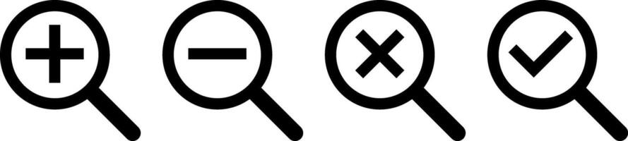loupe icon set. loupe with check mark, cross mark. Search icon sign. Magnifying glass loupe symbol, magnifier signs collection vector