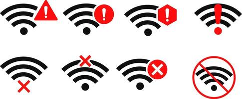Wifi and wireless problem icon or no wifi icon set. wifi internet no access error icon sign. wifi signal with a prohibition symbol. representing no internet connection. network restriction vector