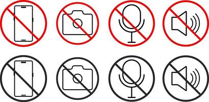 no phone, no camera, no record or mute, no sound icon set. Warning sign no phone. Turn off phone icon symbol. Set of signs vector
