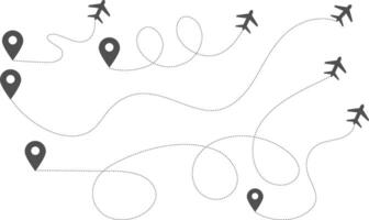 Airplane line path icon set. air plane route dash line route with location pin. plane symbol. airplane symbol vector