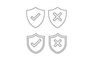 Shield Stroke Icon Sets with Check and Cross, right and wrong button in shield, security shield with tick and cross icon, verified and rejected shield symbol vector