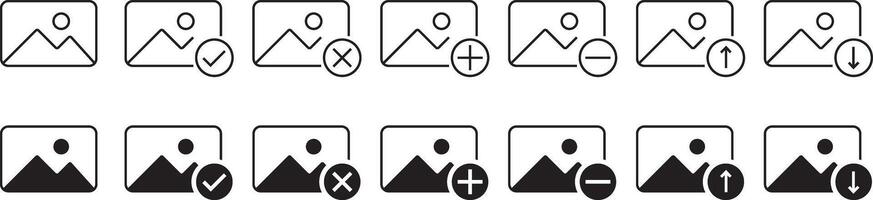 image gallery edit icon set. Add image or picture icon set. gallery download and upload. image delete sign vector