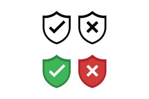 Verified Not Verified Shield Icons, right and wrong button in shield, security shield with tick and cross icon, verified and rejected shield symbol vector