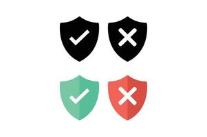Shield with Approved Denied Marks, right and wrong button in shield, security shield with tick and cross icon, verified and rejected shield symbol vector