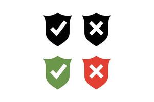 Green Tick Red X Shield Icon Sets, right and wrong button in shield, security shield with tick and cross icon, verified and rejected shield symbol vector