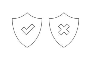 Outline Shield with Confirm and Cancel Symbols, right and wrong button in shield, security shield with tick and cross icon, verified and rejected shield symbol vector