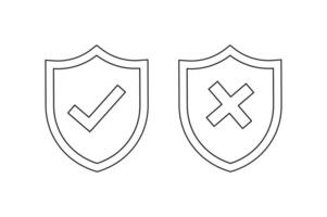 Monoline Shield Icon with Check and Cross, right and wrong button in shield, security shield with tick and cross icon, verified and rejected shield symbol vector