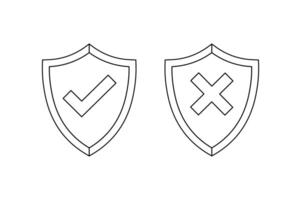 Outline Icon of Shield with Tick and X, right and wrong button in shield, security shield with tick and cross icon, verified and rejected shield symbol vector