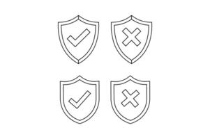 Editable Line Icon of Shield with Tick and Cross, right and wrong button in shield, security shield with tick and cross icon, verified and rejected shield symbol vector