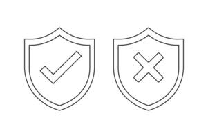 Editable Stroke Icon of Shield with Tick and X, right and wrong button in shield, security shield with tick and cross icon, verified and rejected shield symbol vector