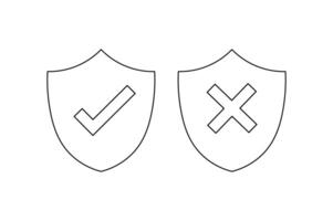 Flat Editable Shield with Check X Marks, right and wrong button in shield, security shield with tick and cross icon, verified and rejected shield symbol vector