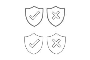 Editable Shield Line Icon with Checkmark and X, right and wrong button in shield, security shield with tick and cross icon, verified and rejected shield symbol vector