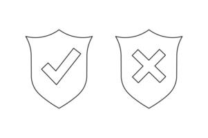 Customizable Line Shield Icon with Approve and Deny, right and wrong button in shield, security shield with tick and cross icon, verified and rejected shield symbol vector