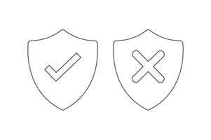 Tick Cross Shield Line Icon , right and wrong button in shield, security shield with tick and cross icon, verified and rejected shield symbol vector