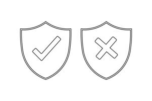 Shield Line Art with Tick and Cross, right and wrong button in shield, security shield with tick and cross icon, verified and rejected shield symbol vector