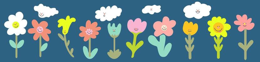 set of funny spring flowers and clouds vector