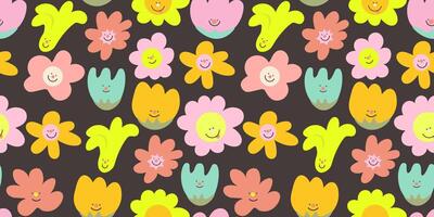 seamless pattern with groovy flowers characters vector