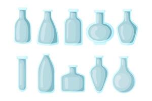 Set of glass empty bottle in flat style isolated on white background. Bottles for chemicals, perfumes, cosmetics. illustration vector
