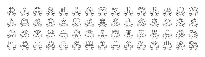 Time, Gem, Health etc over Open Hand Line Icon Set. Outline Signs for Graphic and Web Design, Apps, Adverts, Various Cards vector