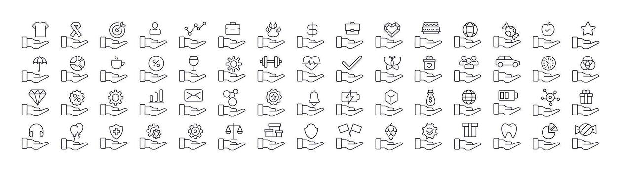 Different Items on Hand Line Icon Pack. Outline Signs for Graphic and Web Design, Apps, Adverts, Various Cards vector