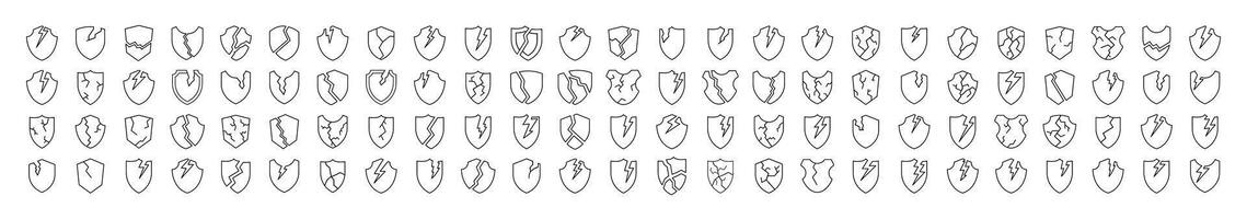 Broken Shield Thin Line Icon Set. Outline Signs for Graphic and Web Design, Apps, Adverts, Various Cards vector