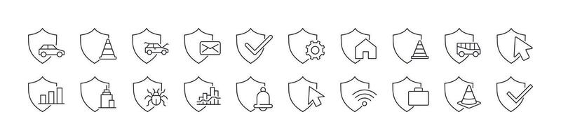 Set of Line Icons of Shield, Defence, Insurance. Minimalistic Linear Pictogram for Web and Graphic Design, Apps, Banners, Social Network and Cards vector