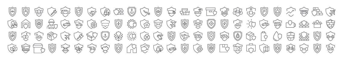 Pack of Defence, Insurance, Protection Related Line Icons. Shields with Various Items Outline Signs for Graphic and Web Design, Apps, Adverts, Various Cards vector