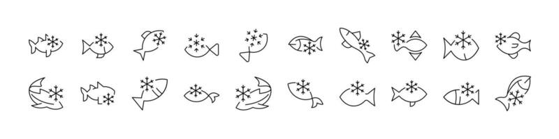 Bundle of Frozen Fish Related Line Icons. Outline Signs for Graphic and Web Design, Apps, Adverts, Various Cards vector