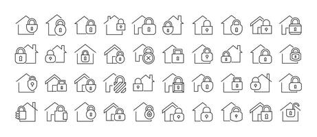 House with Lock Line Icon Collection. Minimalistic Linear Pictogram for Web and Graphic Design, Apps, Banners, Social Network and Cards vector