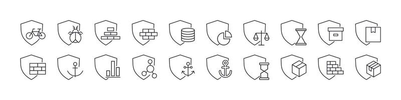Box, Brick Wall, Anchor by Shield Line Icon Collection. Outline Signs for Graphic and Web Design, Apps, Adverts, Various Cards vector