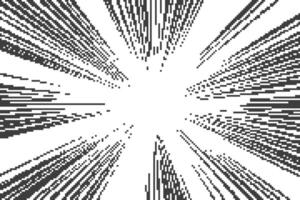 Comic background with pixel pattern. Speed lines explosion and burst with abstract digital bitmap texture. Manga radial sun rays on white backdrop. vector