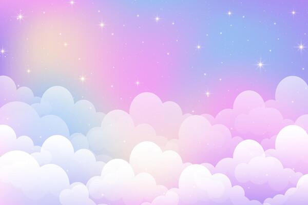 Cloudy sky background with cute stars. Magic pink and blue pastel abstract landscape. Dreamy girly abstract backdrop. Cartoon soft gradient wallpaper with glitter and sparkles.