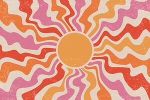 Retro sun rays background. Groovy abstract radial pattern. Vintage summer poster with wavy sunburst. 70s graphic design with grunge texture vector
