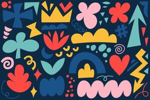 Abstract shapes. Organic color graphic on dark background. Modern hand drawn design set. Cute doodles and blobs. Trendy retro collection of flowers and arrows. Minimal playful figures vector