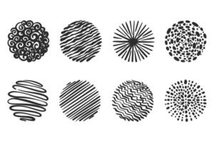 Textured circles with patterns. Abstract hand drawn graphic in rounds. Scribble design with dots spirals and grunge organic doodles. Curved simple brush strokes vector