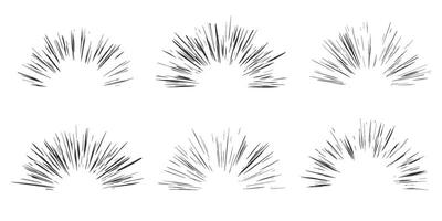 Explosion speed lines. Comic radial burst on white background. Manga motion elements of burst. Superhero frame, glow and power rays. Sparks of abstract bang roar and scream. vector