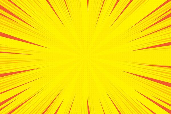 Comic background with yellow pop art cartoon pattern. Ray burst light with retro halftone effect. Yellow abstract anime sunburst. Dotted summer explosion backdrop. Graphic vintage radial frame