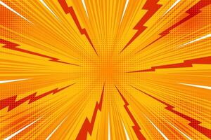 Comic pop art background with sunburst and lightnings. Radial pattern of abstract thunders and rays. Manga superhero poster with halftone effect. vector