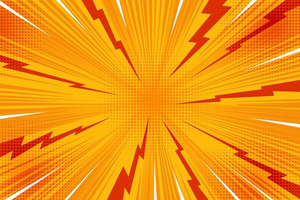Comic pop art background with sunburst and lightnings. Radial pattern of abstract thunders and rays. Manga superhero poster with halftone effect.